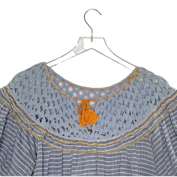 Free People S Womens Blue Allora Striped Blouse Crochet Detail Peasant Boho - Picture 5 of 10
